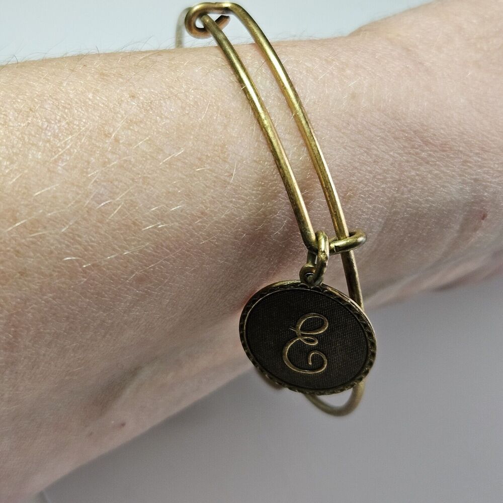 Alex and Ani Bracelet Gold Tone Bangle Initial E Signed Slider 7.25"